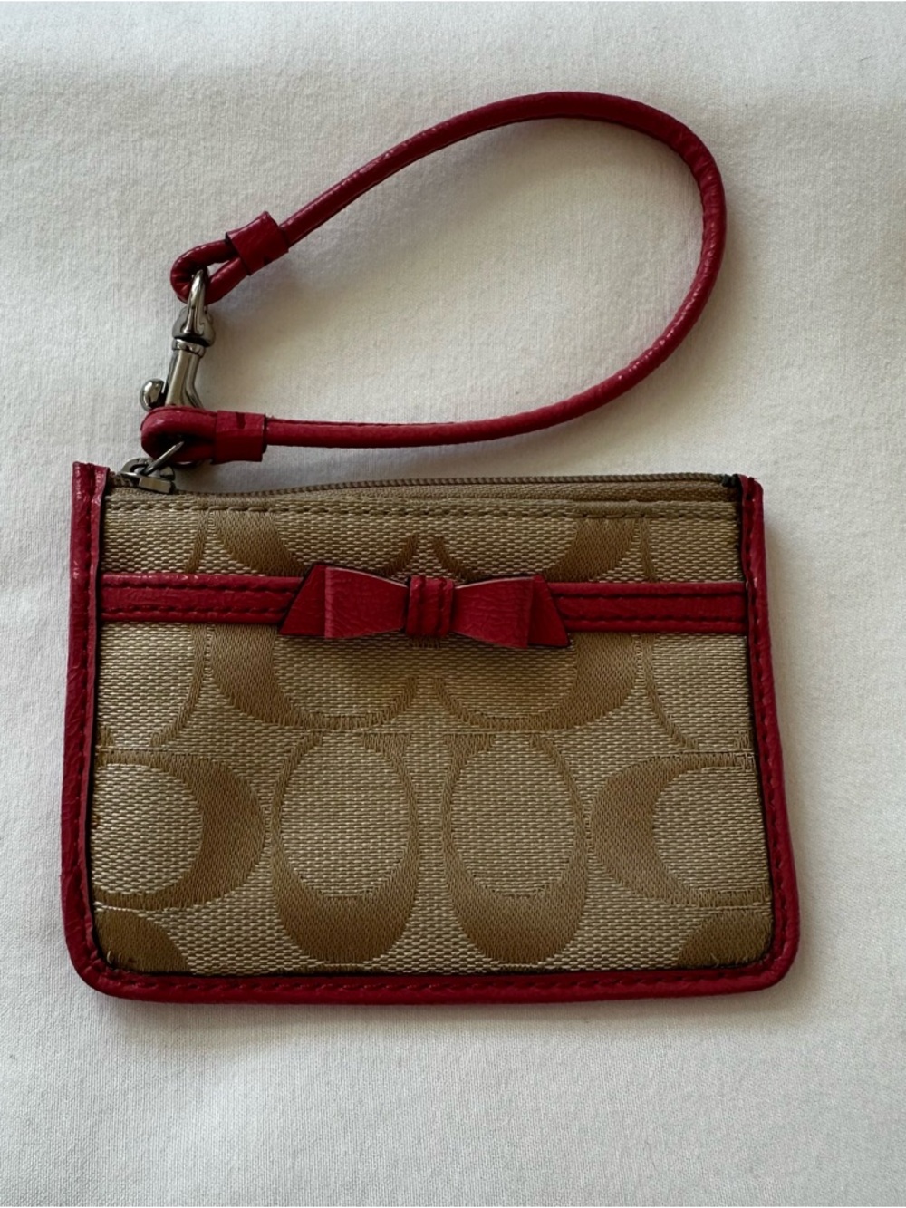 COACH Signature Mini Skinny ID Wristlet Tan Pink Bow Canvas Card Holder Coin Pur